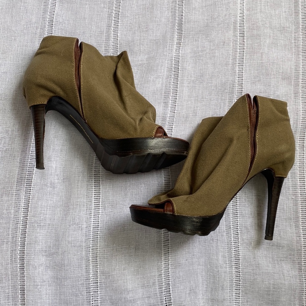 Dolce Vita Olive Green Canvas Peep-Toe Stiletto Booties